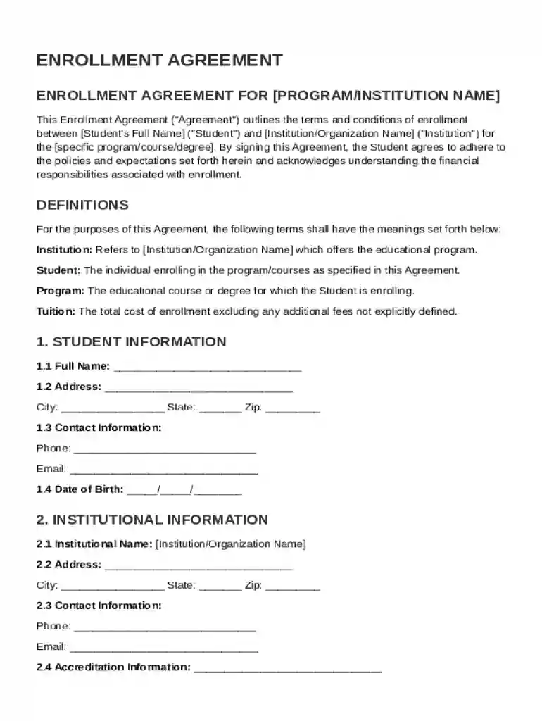 Enrollment Agreement Template Preview on Page 1