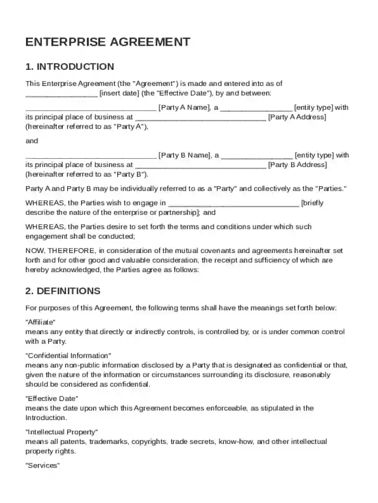 Enterprise Agreement Template Preview on Page 1