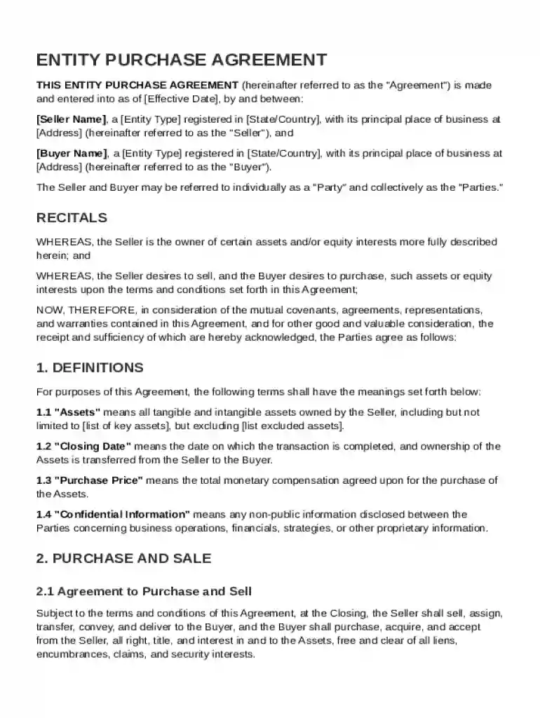Entity Purchase Agreement Template Preview on Page 1