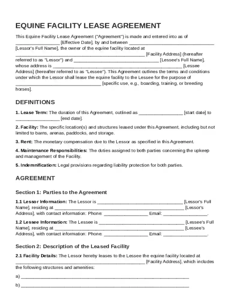 Equine Facility Lease Agreement Template Preview on Page 1