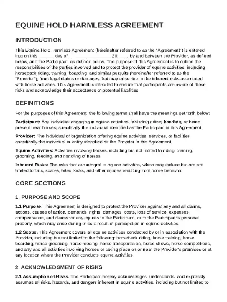 Equine Hold Harmless Agreement Template Preview on Page 1