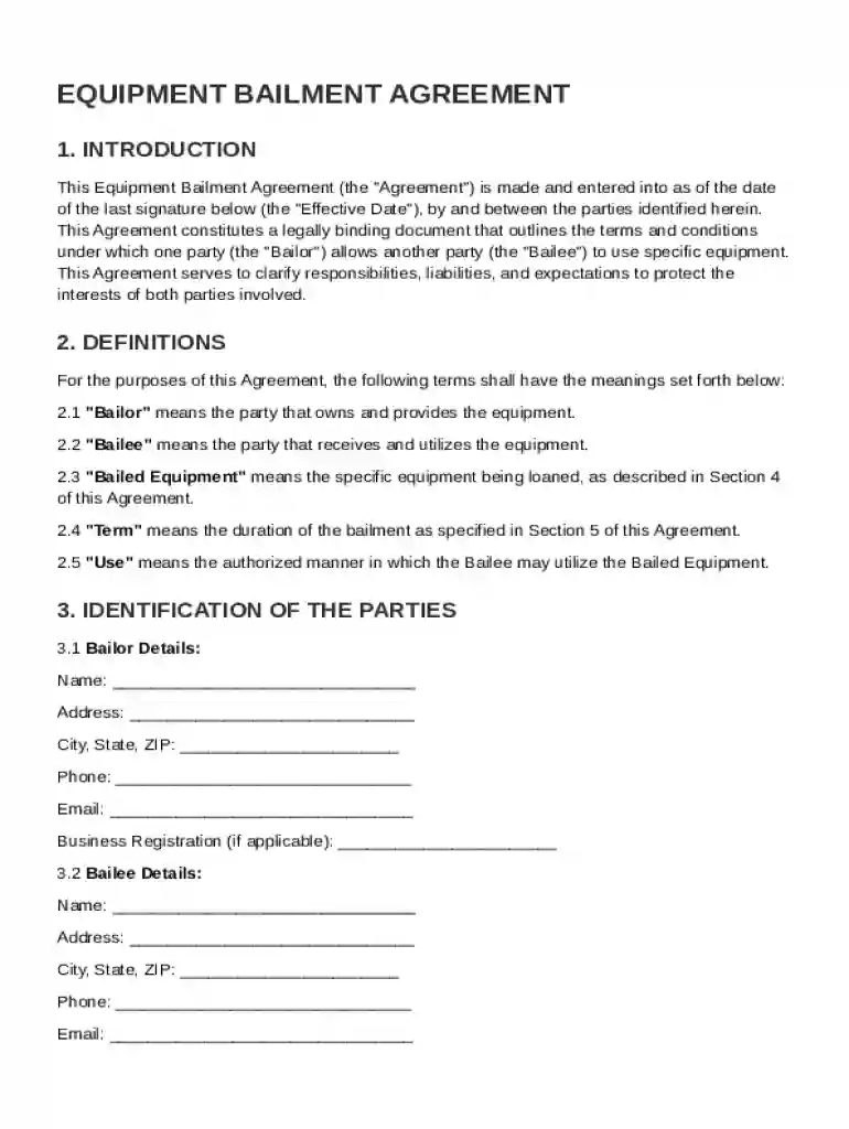 Equipment Bailment Agreement Template Preview on Page 1