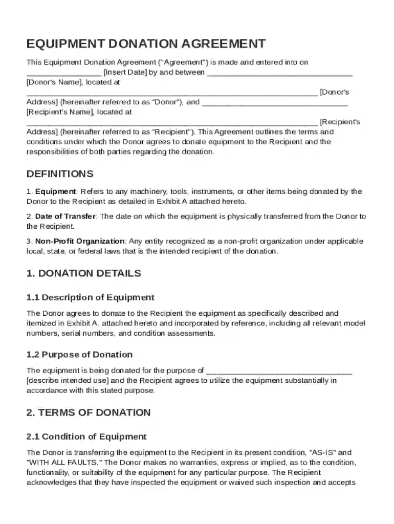 Equipment Donation Agreement Template Preview on Page 1