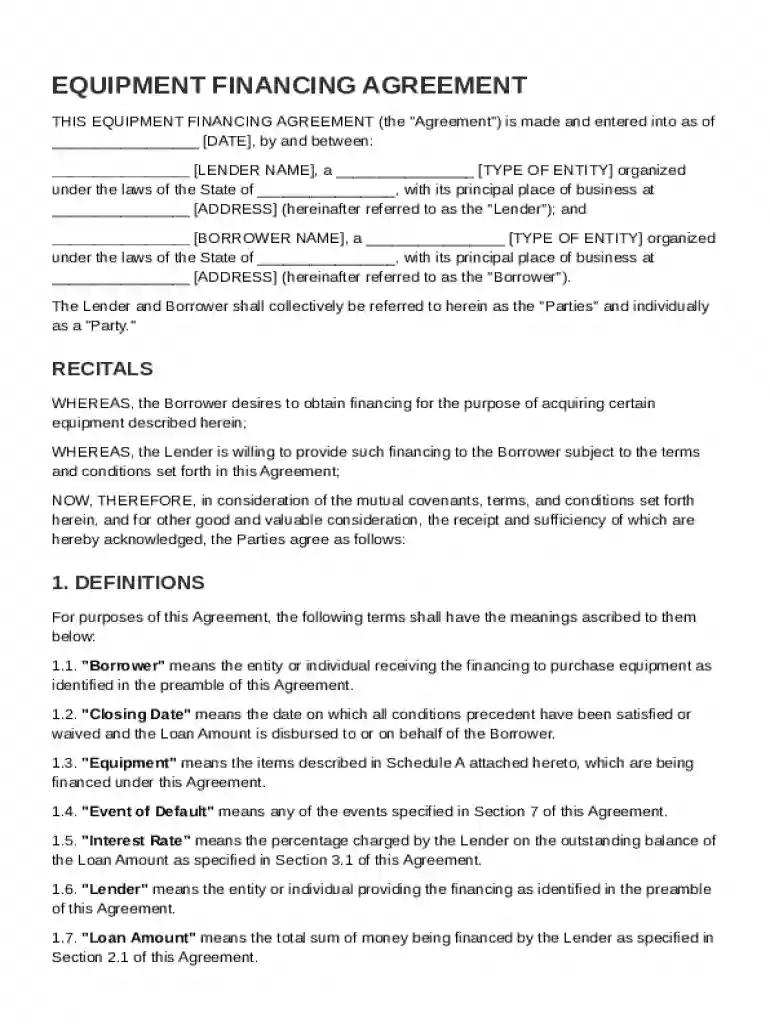Equipment Financing Agreement Template Preview on Page 1