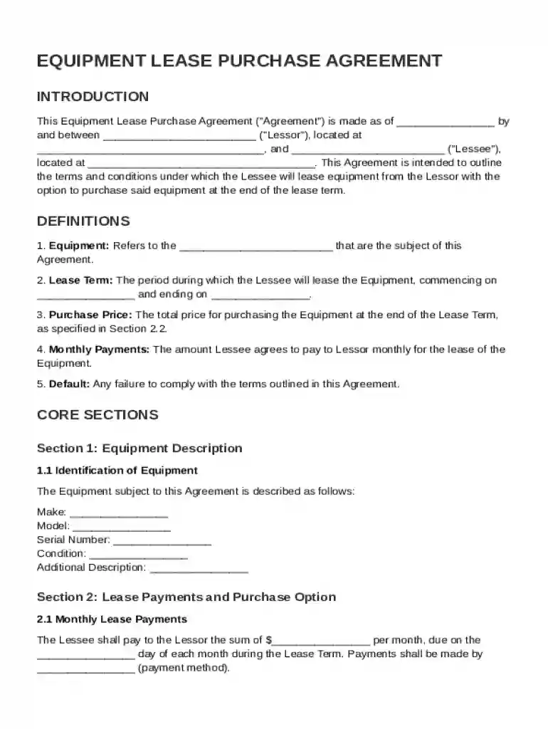 Equipment Lease Purchase Agreement Template Preview on Page 1
