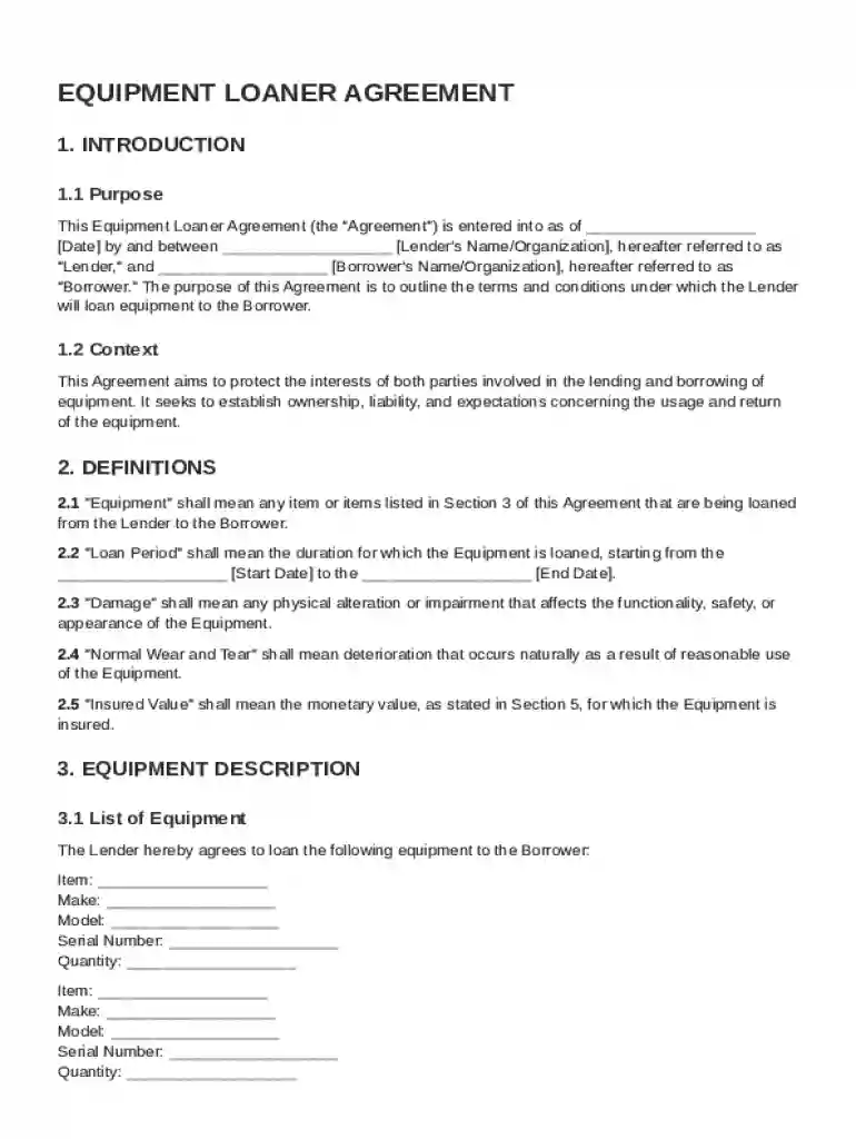 Equipment Loaner Agreement Template Preview on Page 1