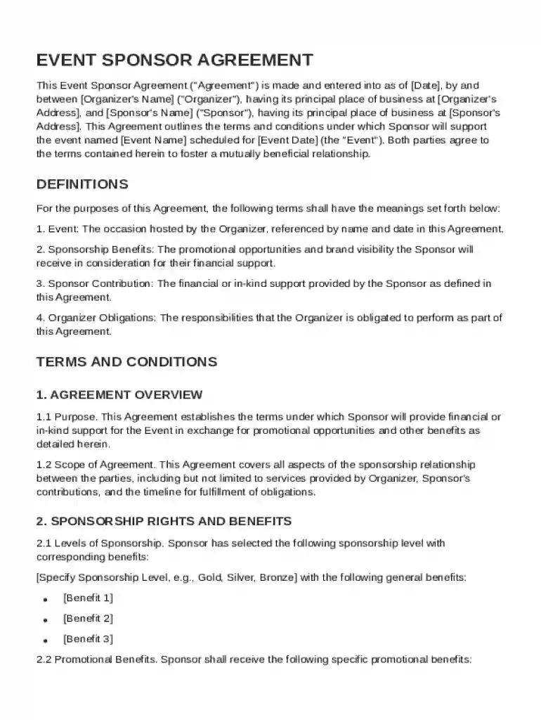 Event Sponsor Agreement Template Preview on Page 1