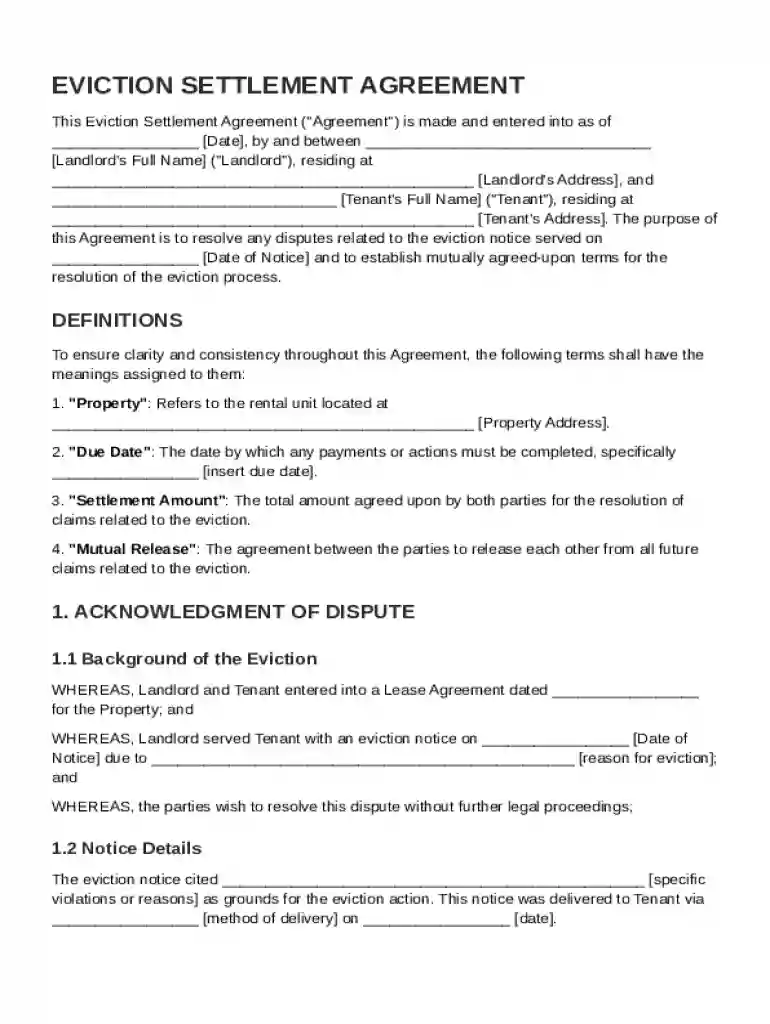 Eviction Settlement Agreement Template Preview on Page 1