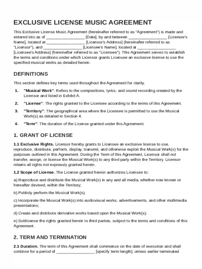 Exclusive License Music Agreement Template Preview on Page 1