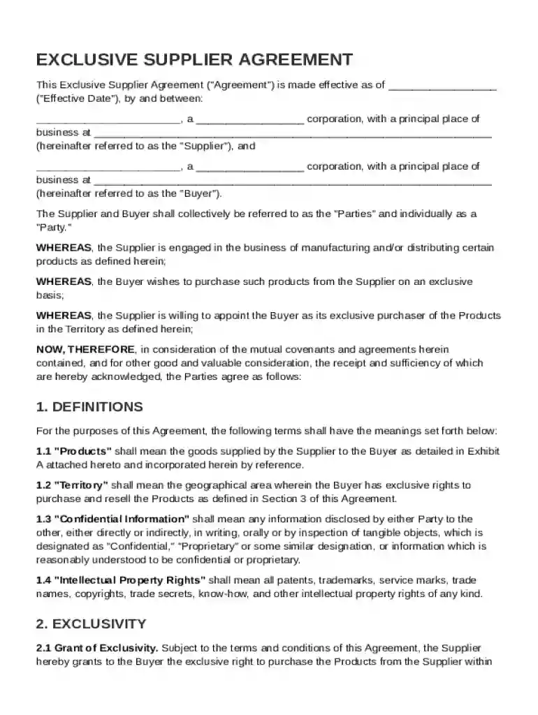 Exclusive Supplier Agreement Template Preview on Page 1