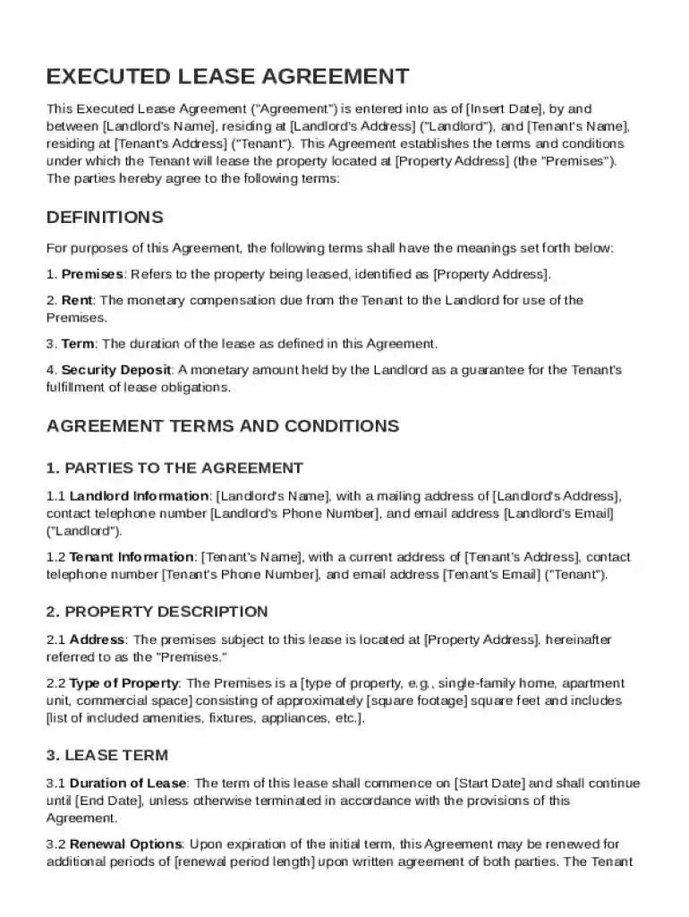 Executed Lease Agreement Template Preview on Page 1