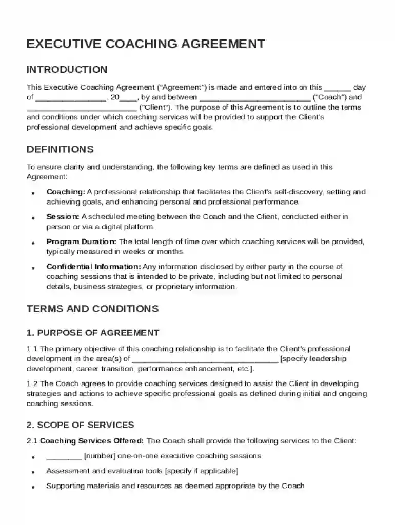 Executive Coaching Agreement Template Preview on Page 1