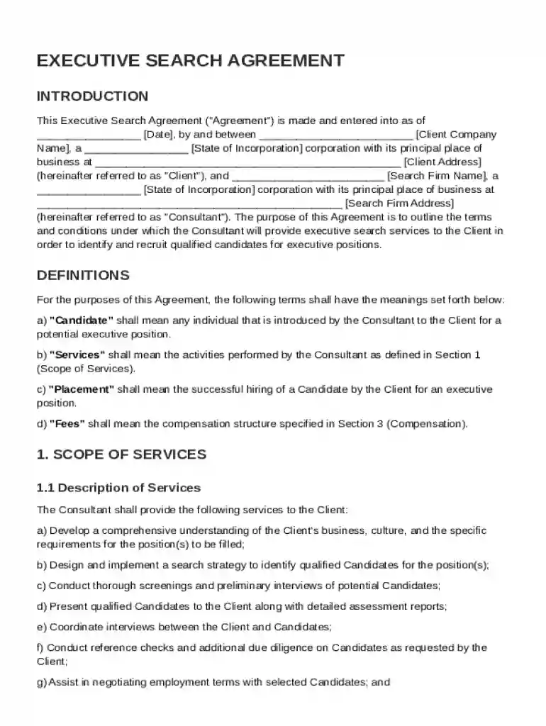 Executive Search Agreement Template Preview on Page 1