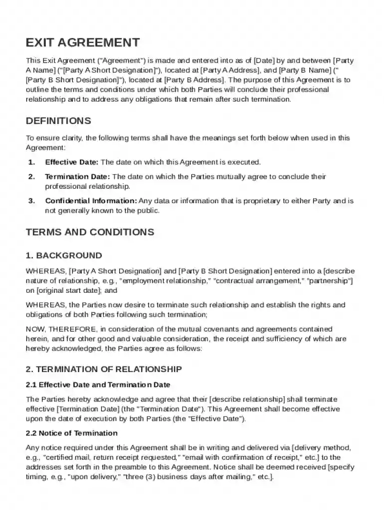 Exit Agreement Template Preview on Page 1