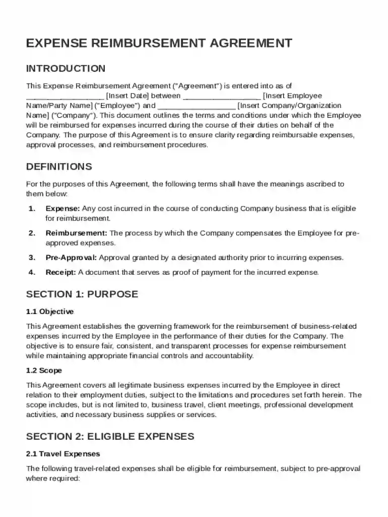 Expense Reimbursement Agreement Template Preview on Page 1