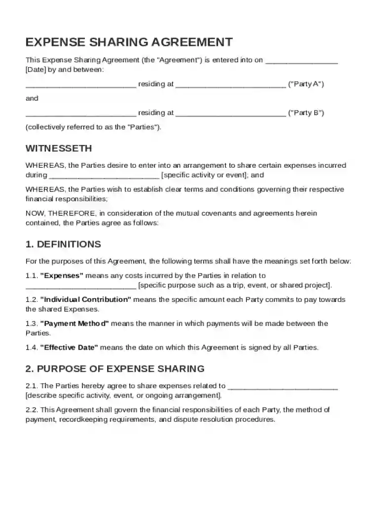 Expense Sharing Agreement Template Preview on Page 1