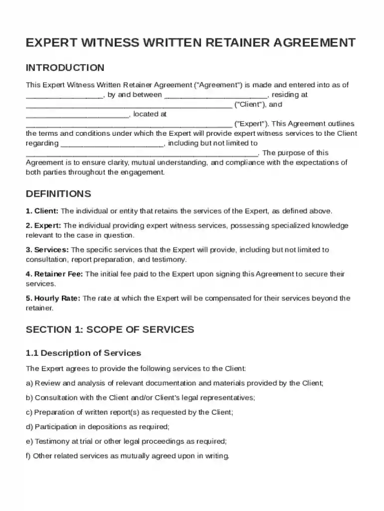 Expert Witness Written Retainer Agreement Template Preview on Page 1