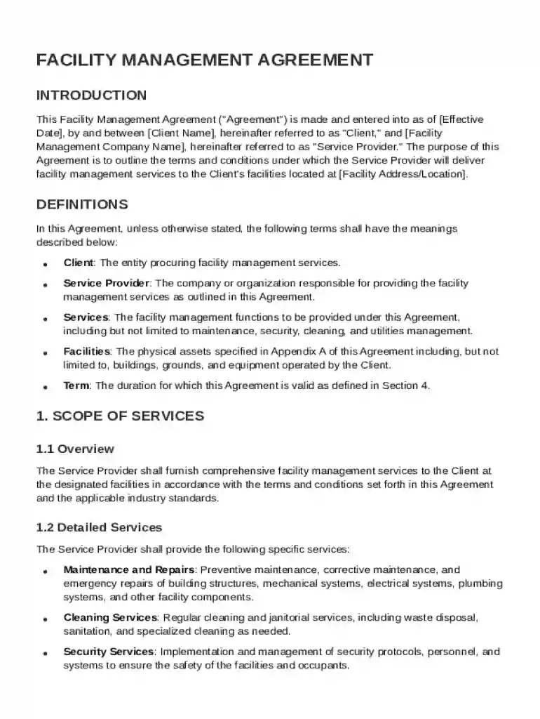 Facility Management Agreement Template Preview on Page 1
