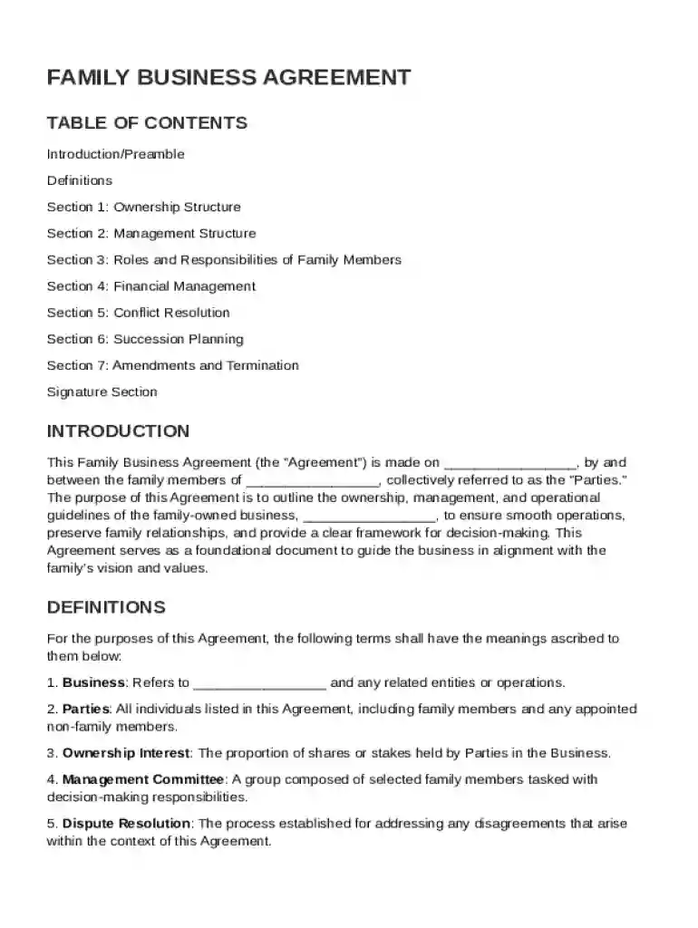 Family Business Agreement Template Preview on Page 1