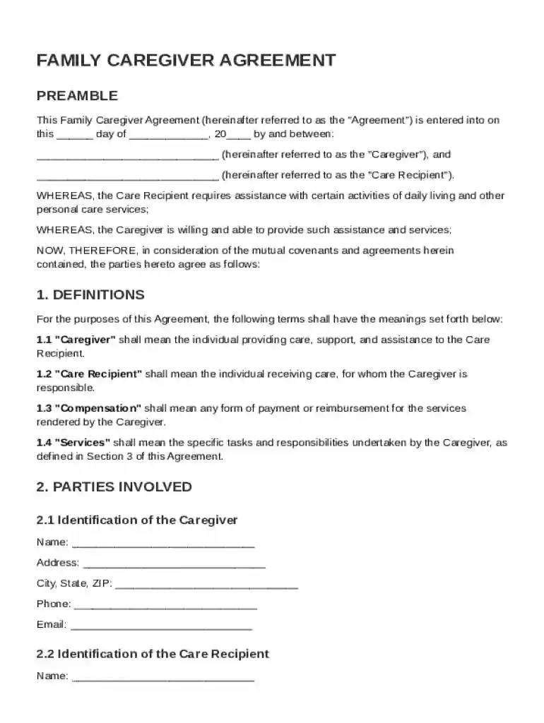 Family Caregiver Agreement Template Preview on Page 1