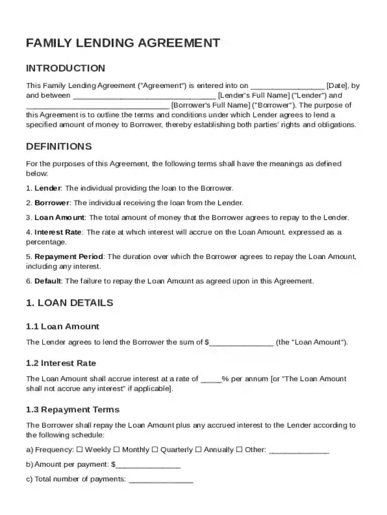 Family Lending Agreement Template Preview on Page 1