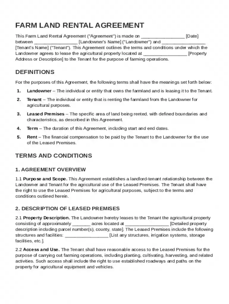 Farm Land Rental Agreement Template Preview on Page 1