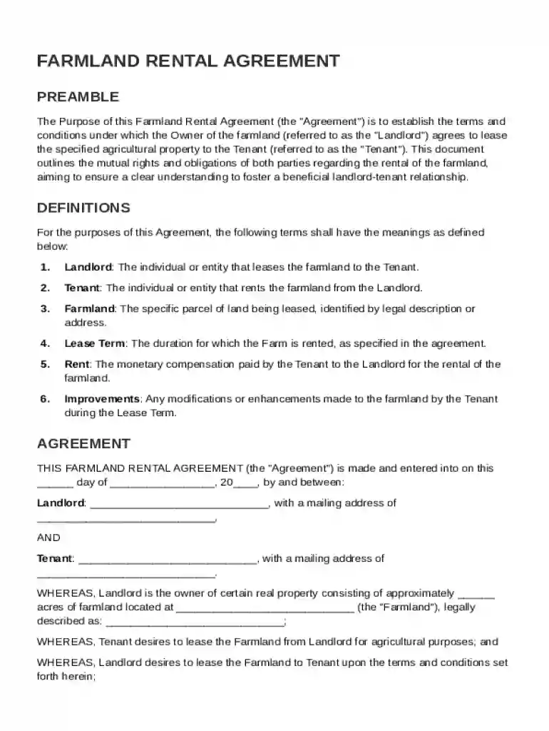 Farmland Rental Agreement Template Preview on Page 1