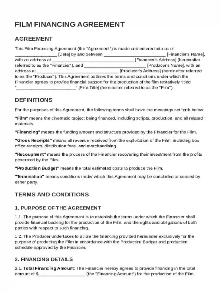 Film Financing Agreement Template Preview on Page 1