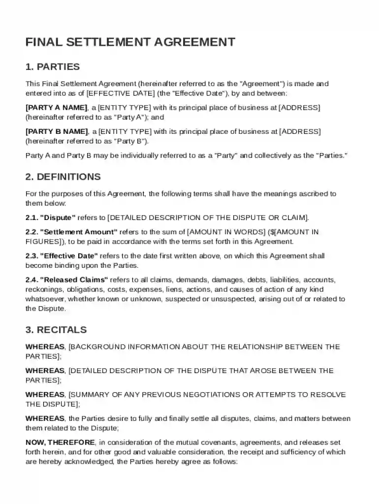 Final Settlement Agreement Template Preview on Page 1