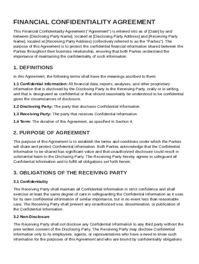 Financial Confidentiality Agreement Template Preview on Page 1