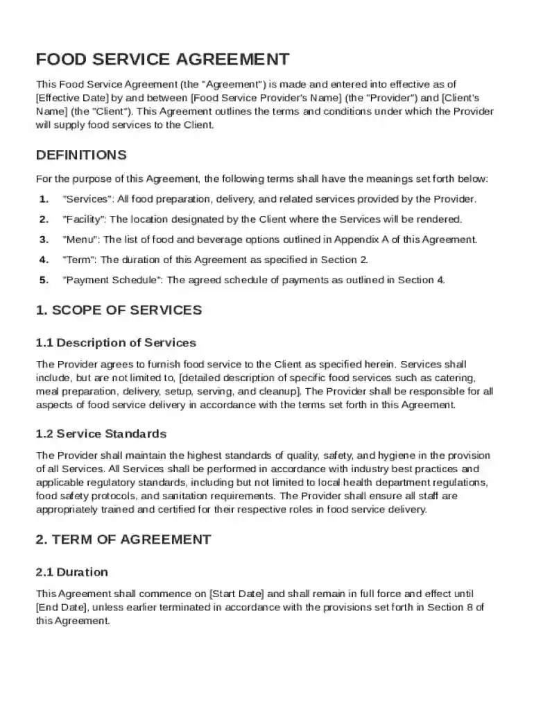 Food Service Agreement Template Preview on Page 1