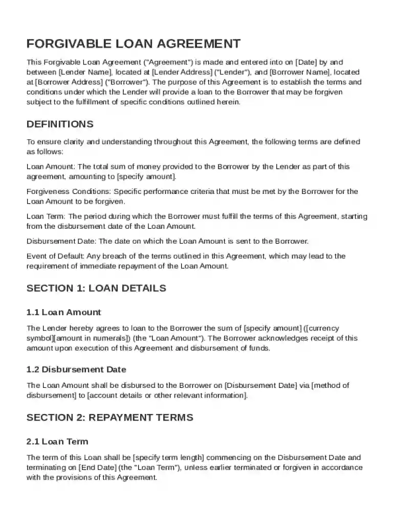 Forgivable Loan Agreement Template Preview on Page 1