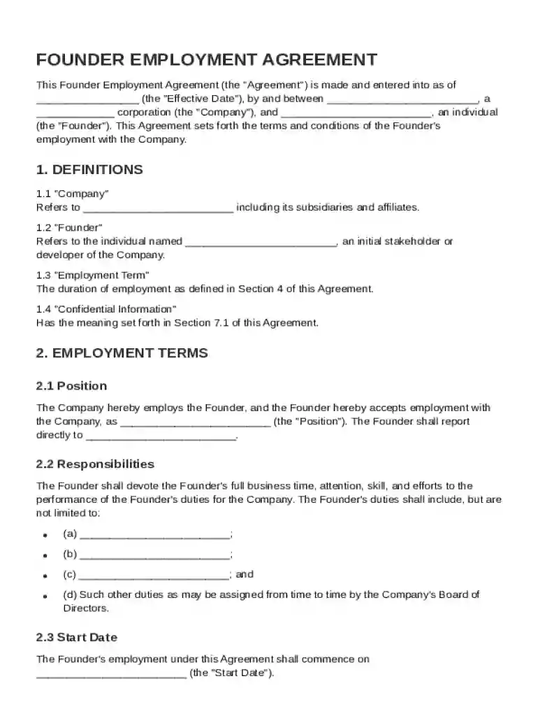 Founder Employment Agreement Template Preview on Page 1