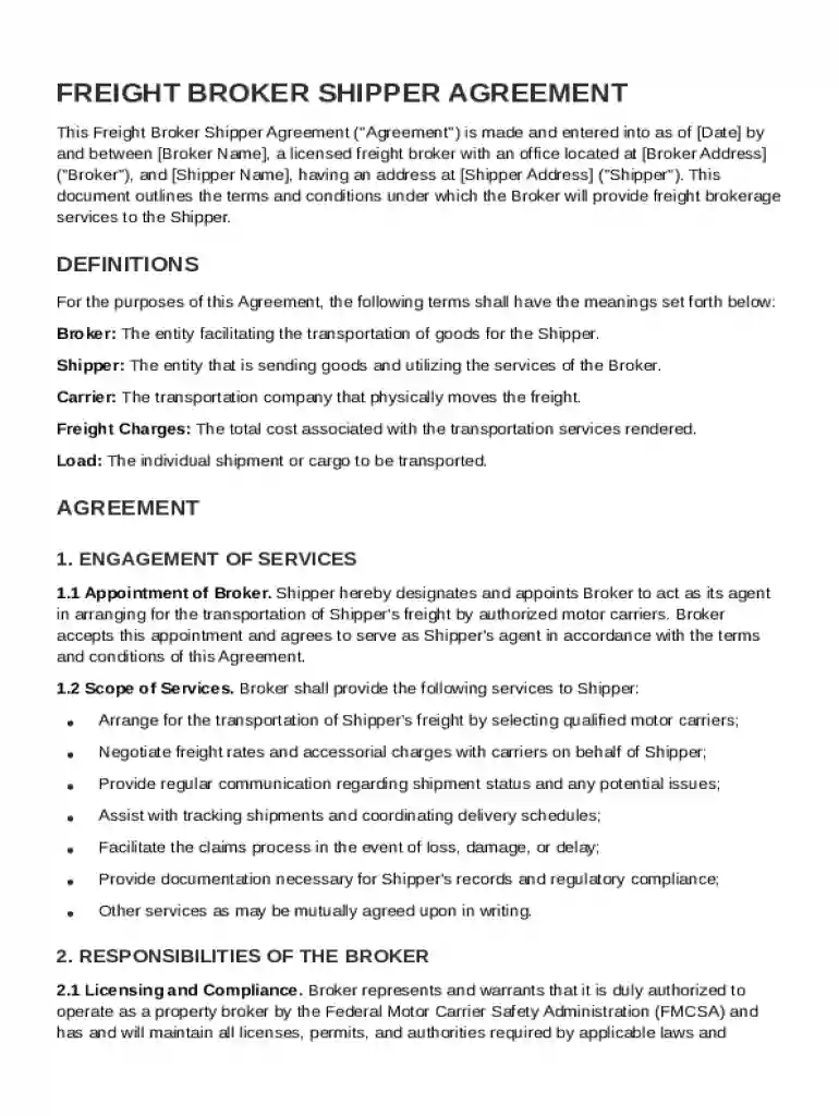 Freight Broker Shipper Agreement Template Preview on Page 1