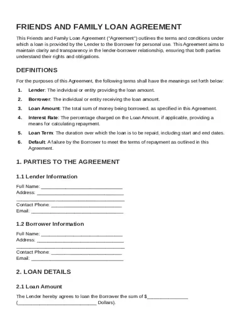 Friends and Family Loan Agreement Template Preview on Page 1
