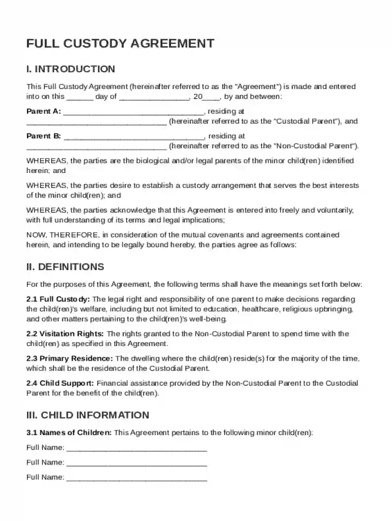 Full Custody Agreement Template Preview on Page 1