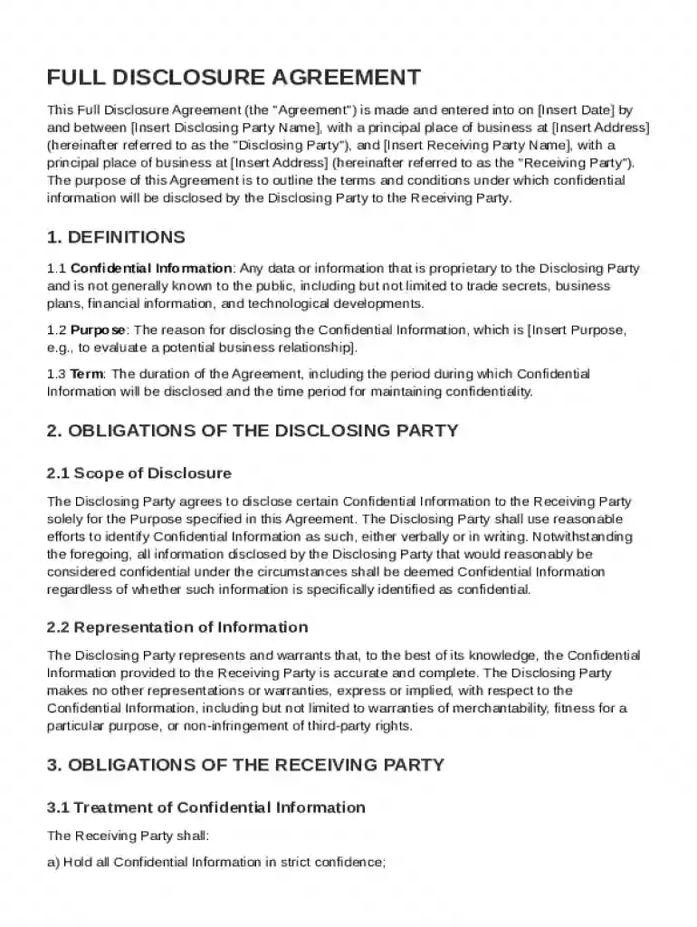 Full Disclosure Agreement Template Preview on Page 1