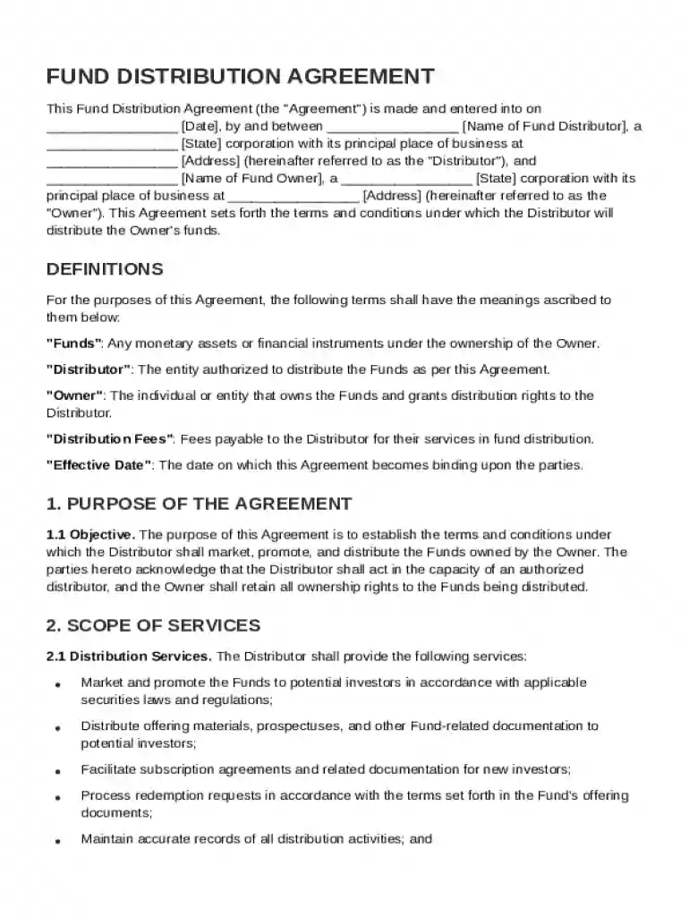 Fund Distribution Agreement Template Preview on Page 1
