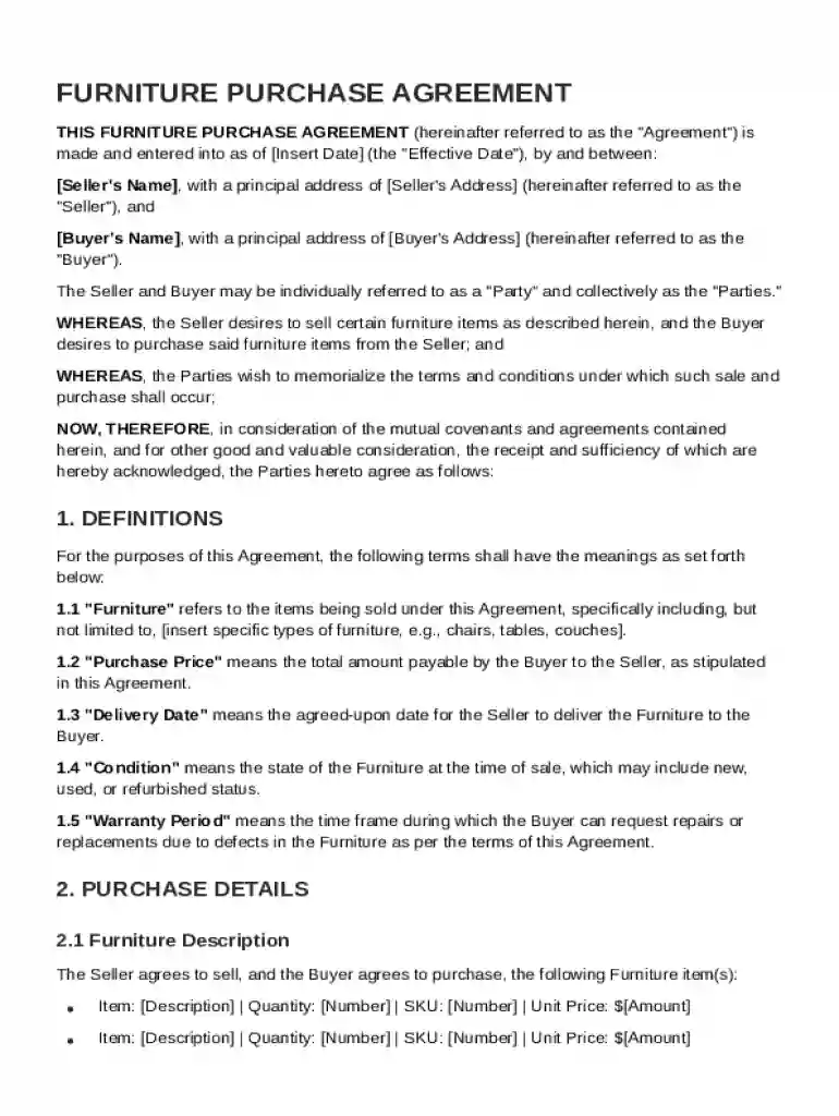 Furniture Purchase Agreement Template Preview on Page 1