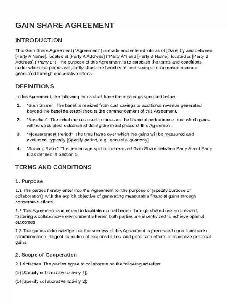 Gain Share Agreement Template Preview on Page 1