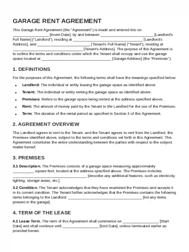 Garage Rent Agreement Template Preview on Page 1