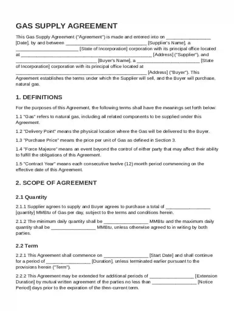 Gas Supply Agreement Template Preview on Page 1