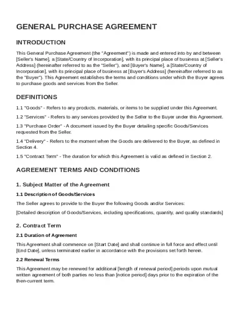 General Purchase Agreement Template Preview on Page 1