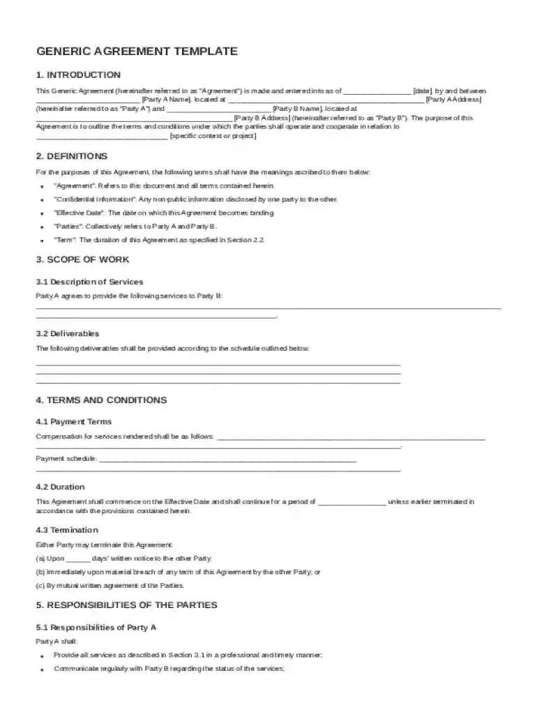 Generic Agreement Template Preview on Page 1