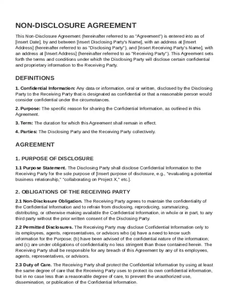 Generic Non Disclosure Agreement Template Preview on Page 1