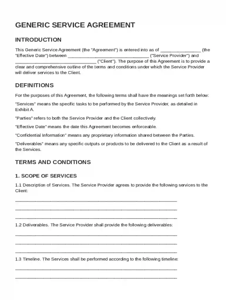 Generic Service Agreement Template Preview on Page 1