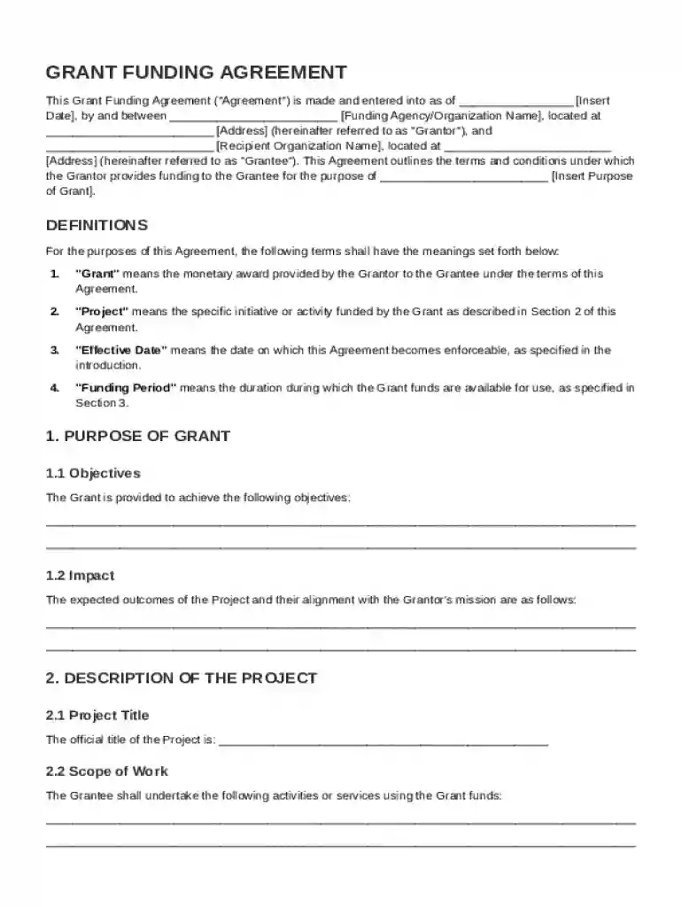 Grant Funding Agreement Template Preview on Page 1