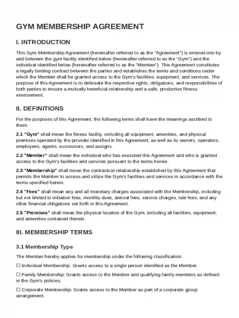 Gym Agreement Template Preview on Page 1