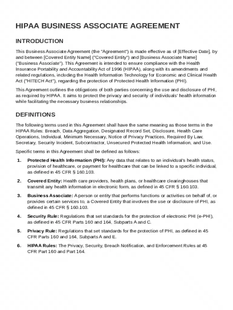 HIPAA Business Associate Agreement Template Preview on Page 1
