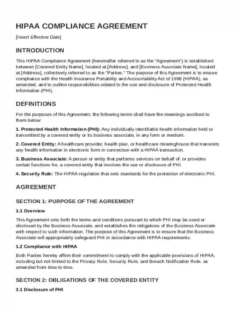 HIPAA Compliance Agreement Template Preview on Page 1